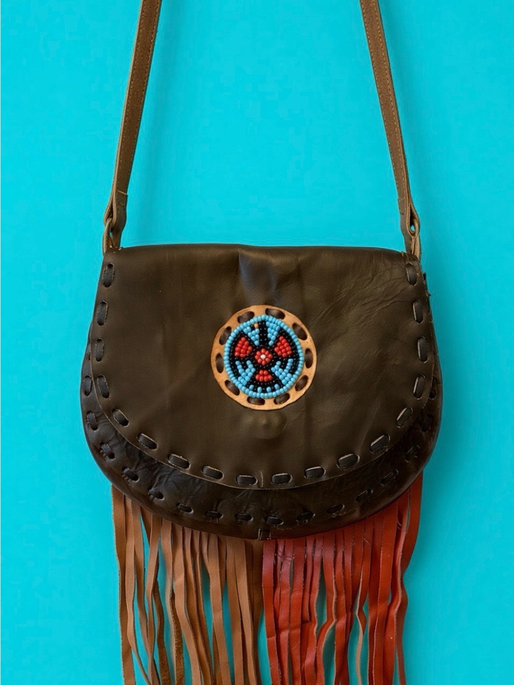 Artesian Native American Thunderbird beaded fringe leather Crossbody bag boho